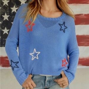 Wooden Ships American Star Crew Cotton Sweater Cornish Blue Multi XS/S Patriotic